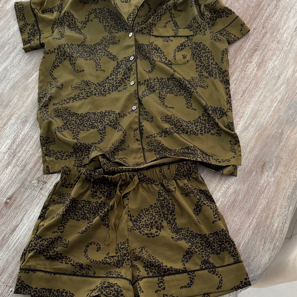 Victoria's Secret Pajama Set - Olive with Black Leopard Print